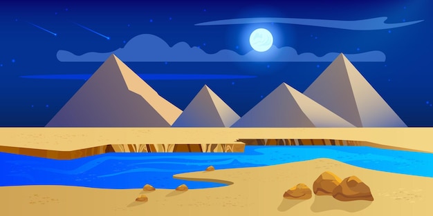 Night river and desert with pyramids Landscape with sand dunes moon and stars in the sky