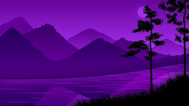 Night River with Mountain Illustration