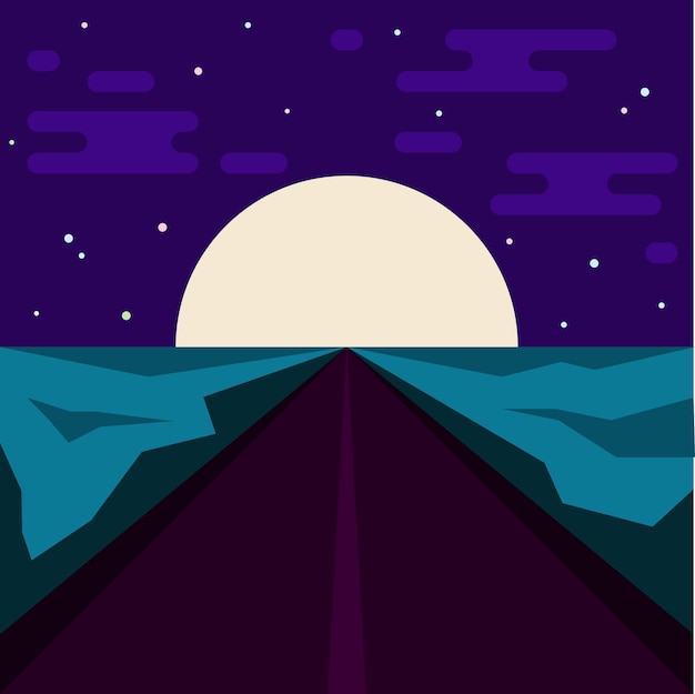 Vector night road and big moon. abstract illustration for use in design. flat style.