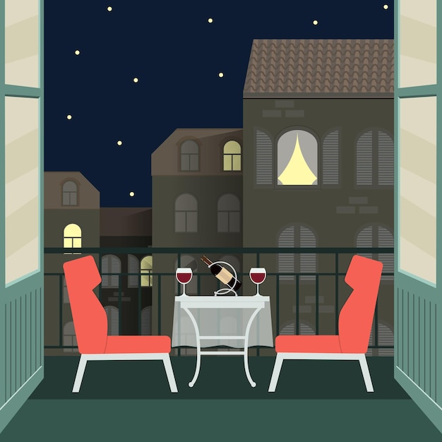 Appuntamento romantico notturno con vino sul balcone. illustrazione vettoriale piatta