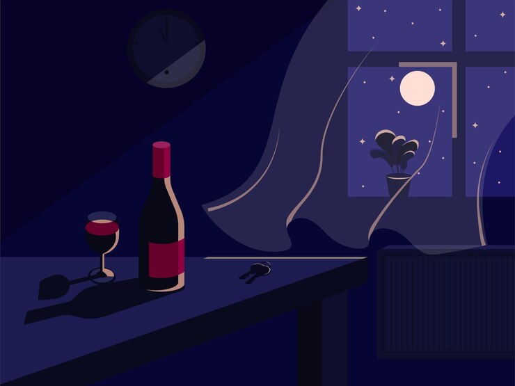 Vector night room. interior vector illustration. wine, glass, moon and stars.