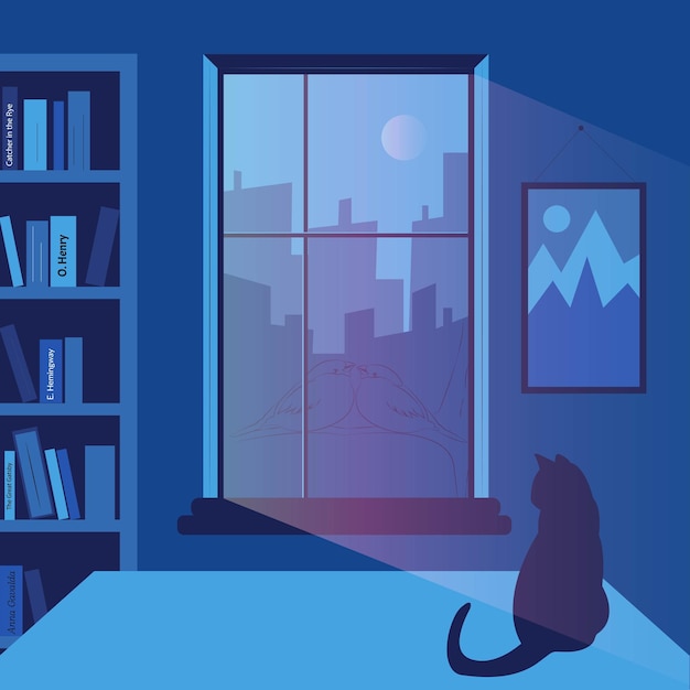 Vector a night room with a cat