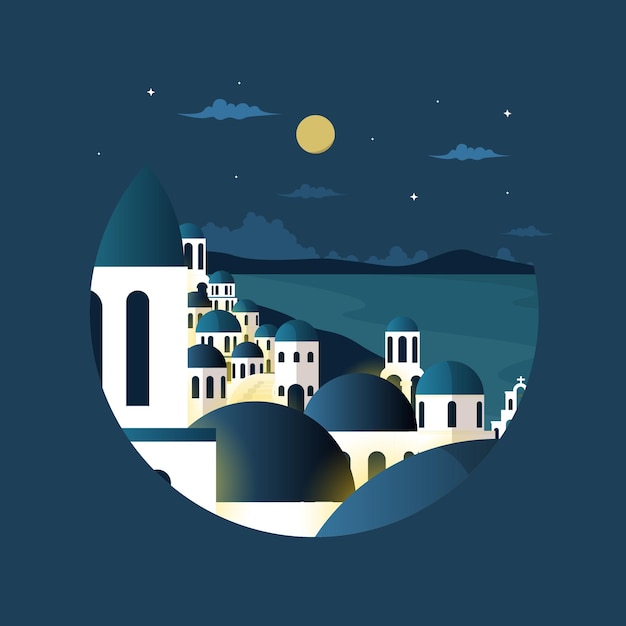 Vettore notte santorini grecia vacanze nel mar egeo tour di viaggio emblema del cerchio