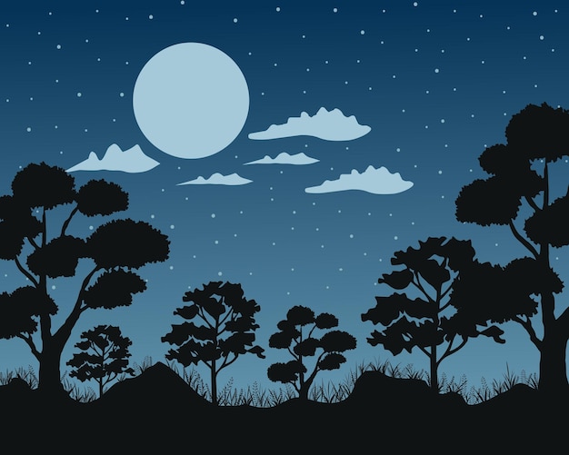 Night savannah landscape, natural african background vector illustration