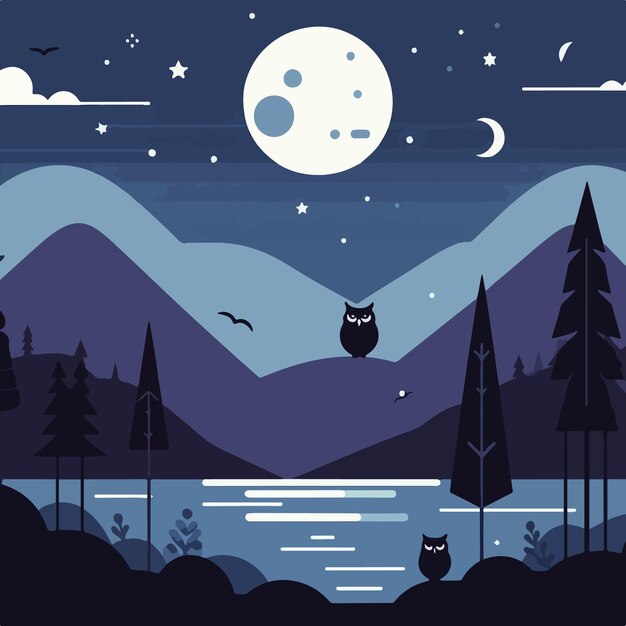 Vector night savannah landscape wallpaper with forest moon tree scary vector illustration