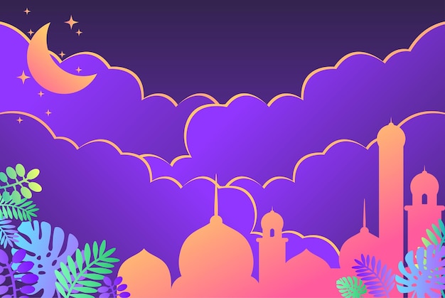 Night scane of eid al fitr background with mosque sky and moon