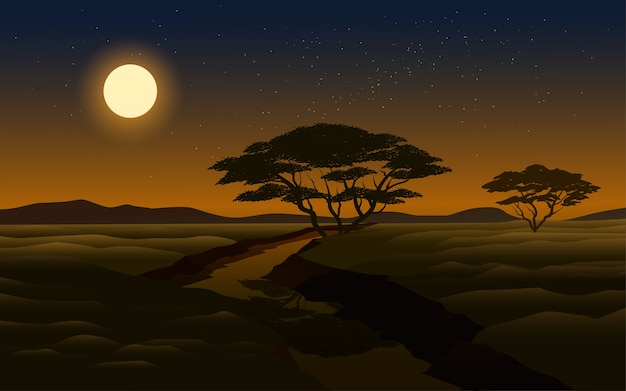 Vector night scene illustration with full moon and river