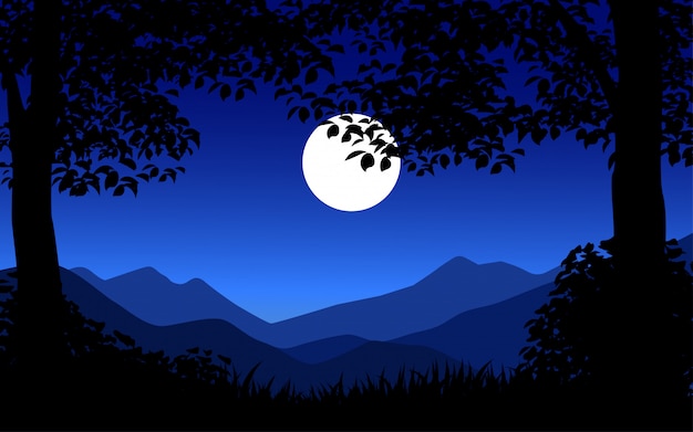 Illustrazione di scena notturna con luna piena e alberi