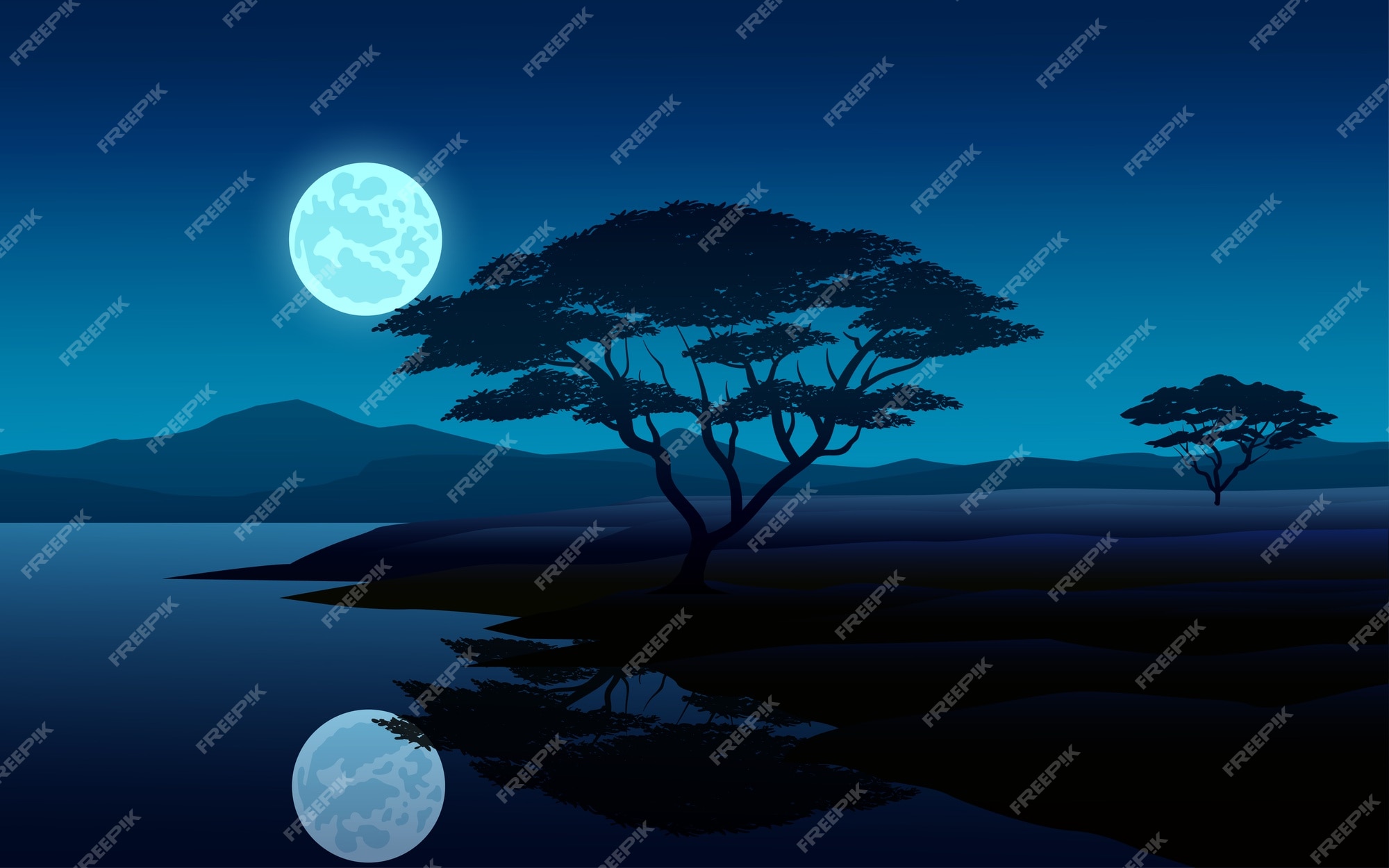 Premium Vector | Night scene illustration with moon and river