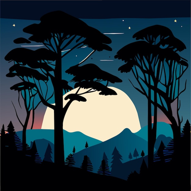 Vector night scene landscape with tree silhouette vector illustration