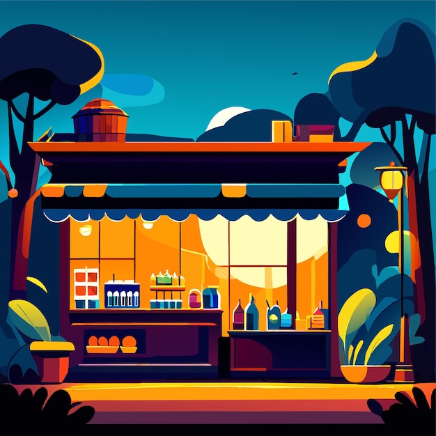 Night scene with beverage shop in park cartoon cityscape with outdoor