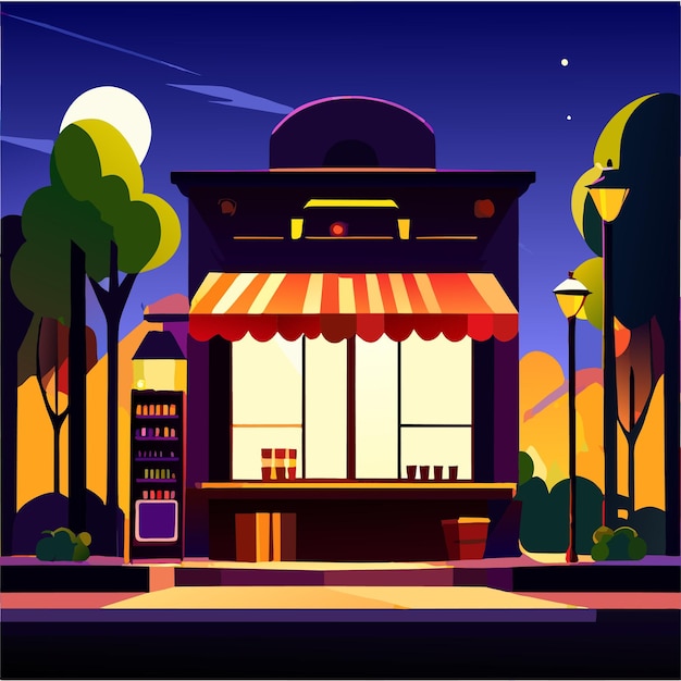 Vector night scene with beverage shop in park cartoon cityscape with outdoor