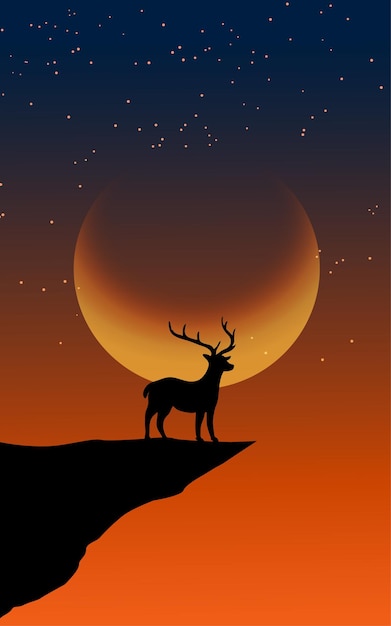 Night scene with deer standing on cliff and crescent moon