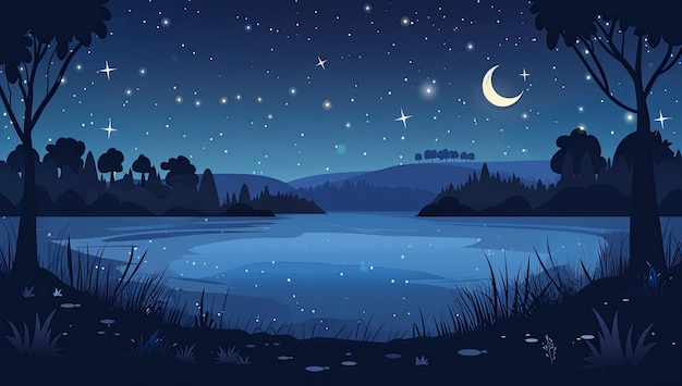 Vector a night scene with a lake and stars in the sky