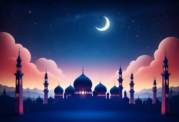 Vector a night scene with a mosque building and clouds and a moon