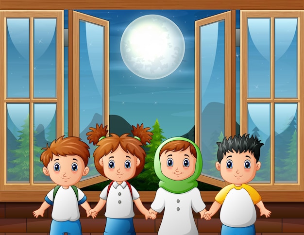 Night scene with open window and four children standing