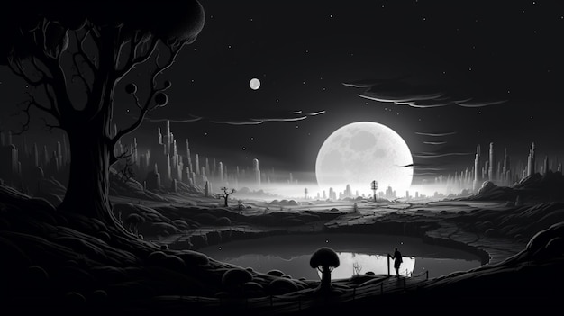 Vettore una scena notturna con una silhouette di persone e una luna sullo sfondo