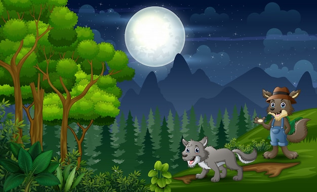 자연에서 두 늑대와 야경