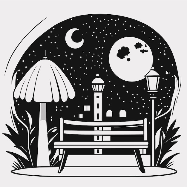 ベクトル 木製のベンチと高いランプの夜のシーン ⁇ 公園の漫画の都市風景の照明