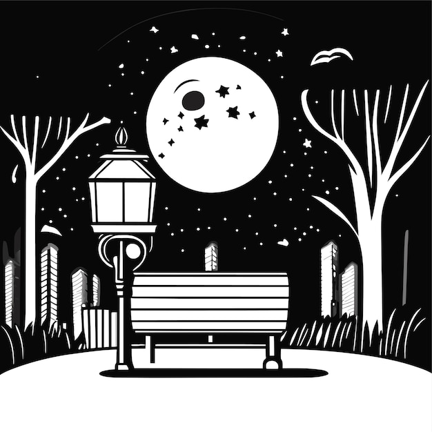 ベクトル 木製のベンチと高いランプの夜のシーン ⁇ 公園の漫画の都市風景の照明