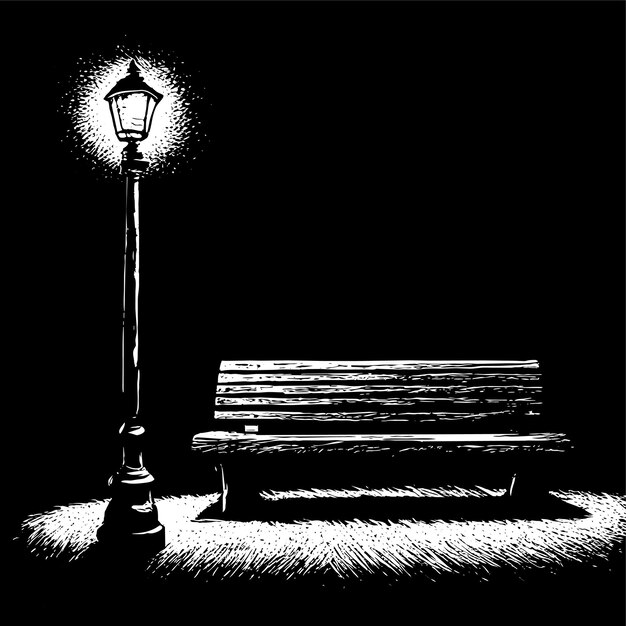 Scena notturna con panchina di legno e lampada alta con illuminazione nel paesaggio cittadino dei cartoni animati del parco