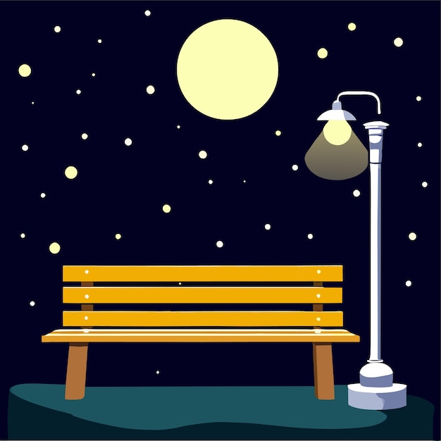 Night scene with wooden bench and tall lamp with lighting in park cartoon cityscape