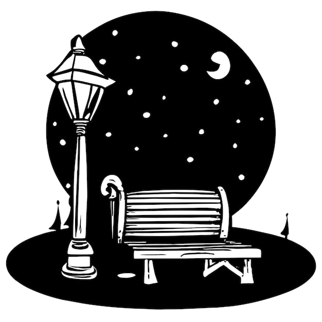 Vettore scena notturna con panchina di legno e lampada alta con illuminazione nel paesaggio cittadino dei cartoni animati del parco
