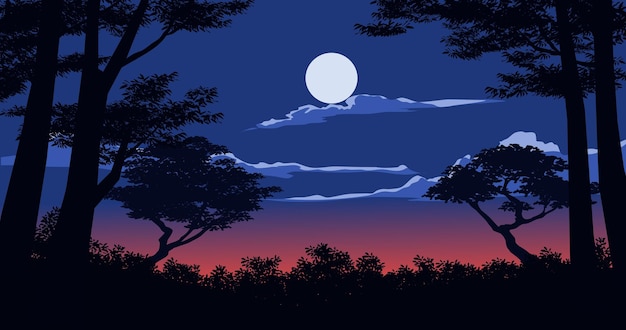 Night scenery with trees in silhouette and full moon viewed from the dark forest