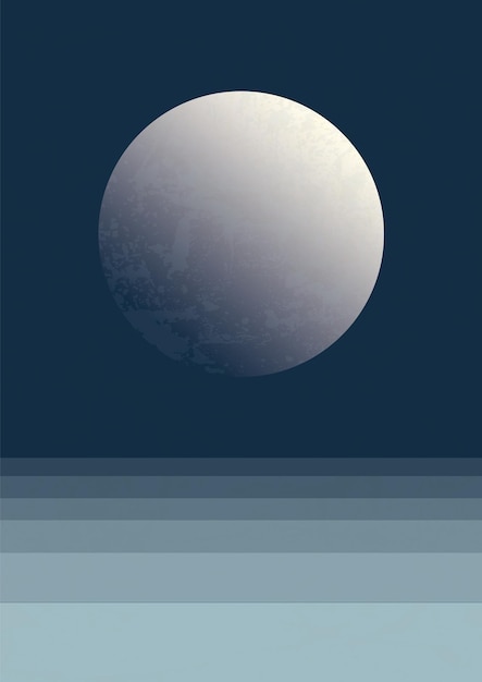 夜の海と月のミニマリストの美的イラスト ポスター 抽象的な海の波