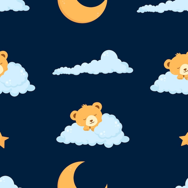 Night seamless pattern with sleeping bear moon and cloud