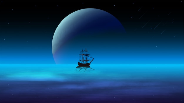 Vector night seascape with a dark sky and a large planet on the horizon, starry sky and a ship in the water on the background of the planet