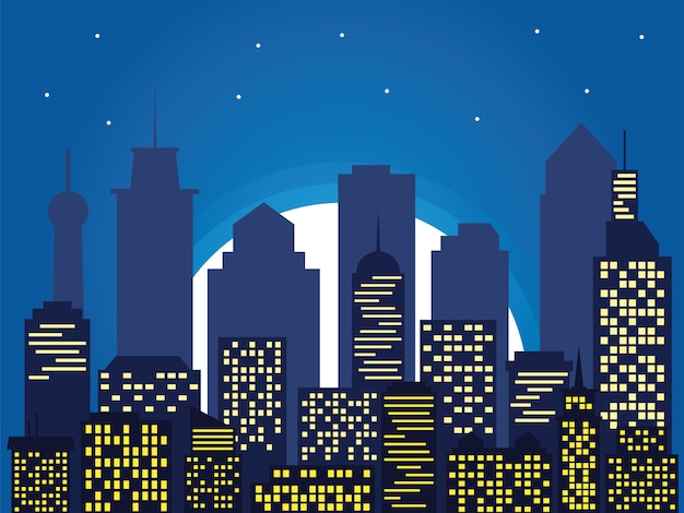 Vector night silhouette of the city and full moon with stars, cartoon style