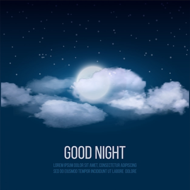 Vector night sky background, cloudy sky with moon.