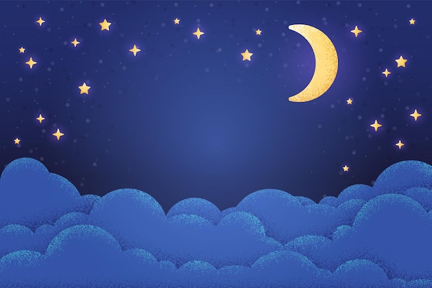 Night sky background Lunar landscape with stars and clouds Textured scene artistic landscape with moon Cute dark blue swanky vector design for baby