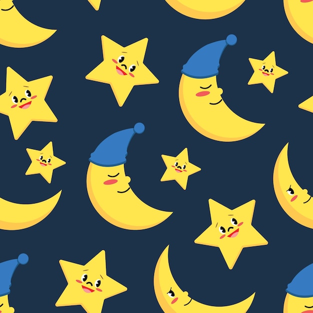 Vector night sky childish pattern cute nursery seamless background with moon and stars