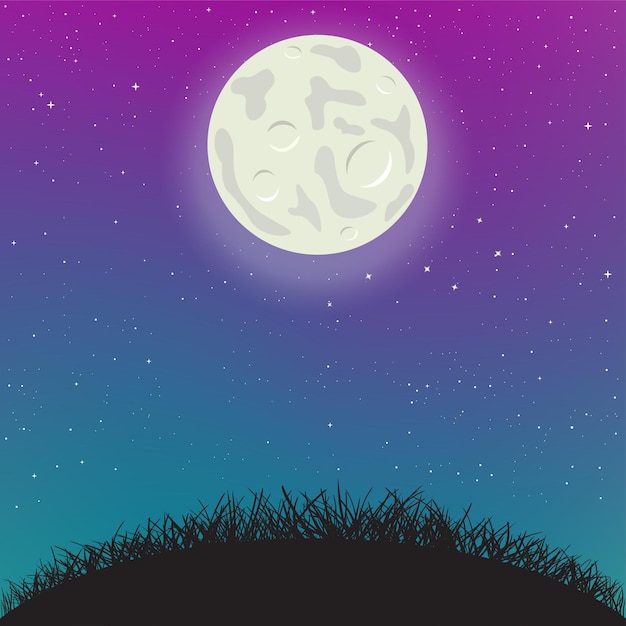 Vector night sky moon light and grass hill