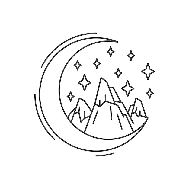 Night sky and mountains in new moon shape. Linear nature travel banner. illustration