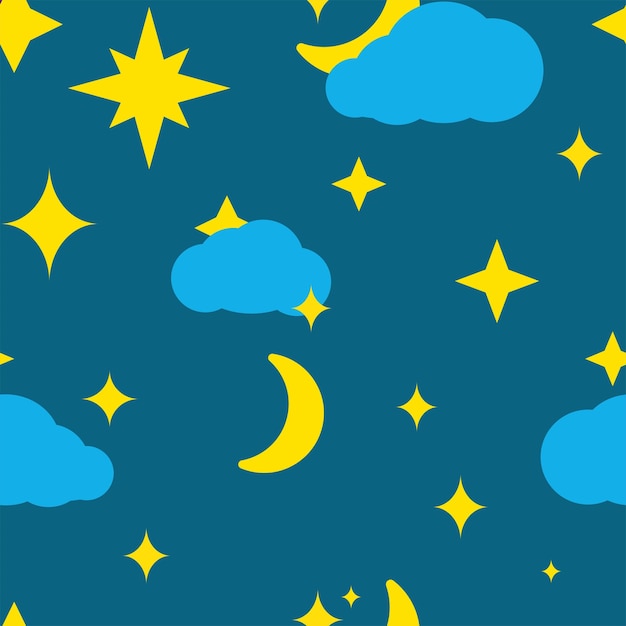 Ночное небо бесшовный узор Концепция астрологии Фоновая концепция Темно-синее небо символ Облака звезды и лунные знаки Плоский дизайн
