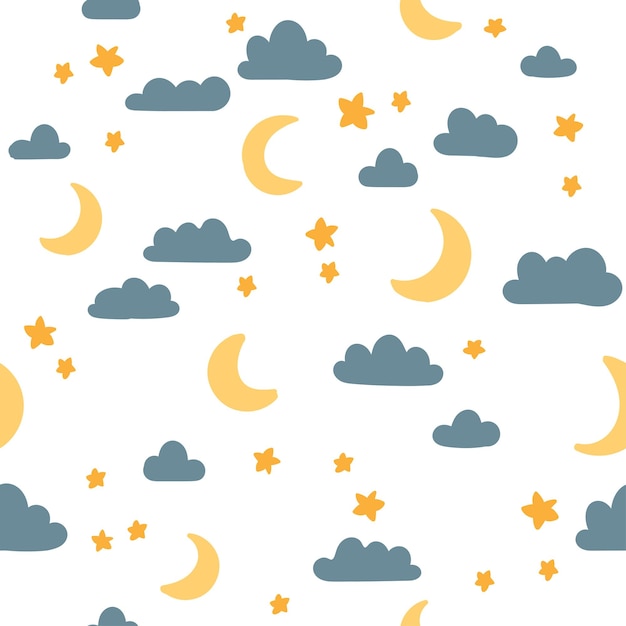 Night sky seamless pattern Stars moon clouds vector background Cute childish illustration for fabric