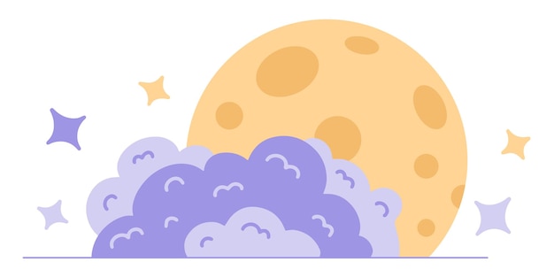 Vector night sky with clouds moon and stars icon in a doodle hand drawn style isolated on a white