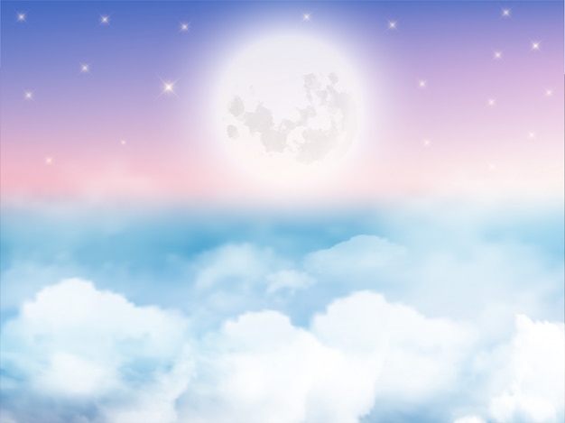Vettore cielo notturno con falce di luna, nuvole e stelle.