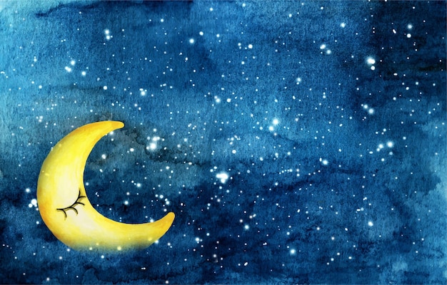 Night sky with Crescent moon face and stars watercolor stain night sky.