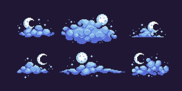 Cielo notturno con set di icone pixel art di nuvole soffici. fumo o nebbia con stelle, collezione di elementi del cielo