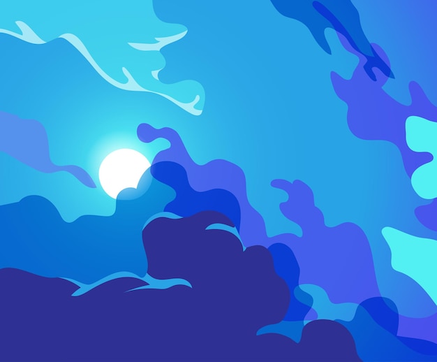 Vector night sky with a full moon shining through the clouds