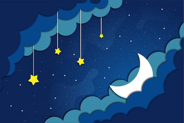 Night sky with half moon, stars and clouds for kids in a paper cutout style