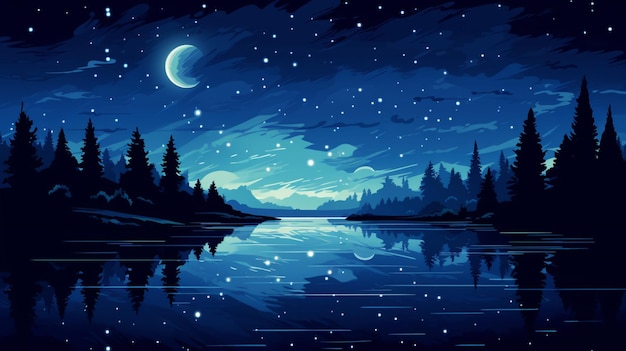 Vector a night sky with a lake and trees and a full moon