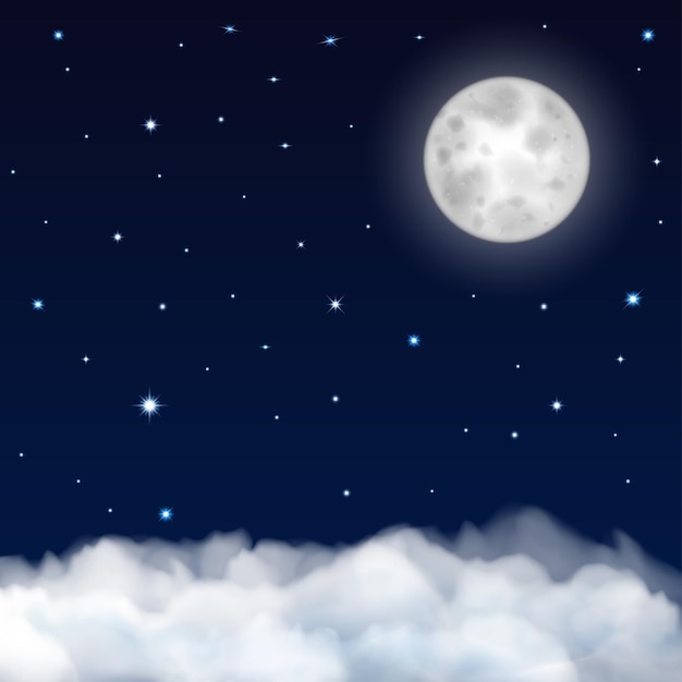 Вектор Ночное небо с луной, звездами и облаками
