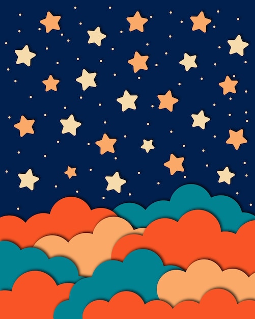 Vector night sky with stars and clouds in retro style