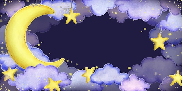 Night sky with a yellow moon suspended stars and clouds sewn from fabric with thread stitches hand