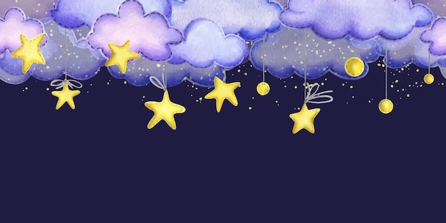 Vector night sky with a yellow suspended stars and clouds sewn from fabric with thread stitches children s